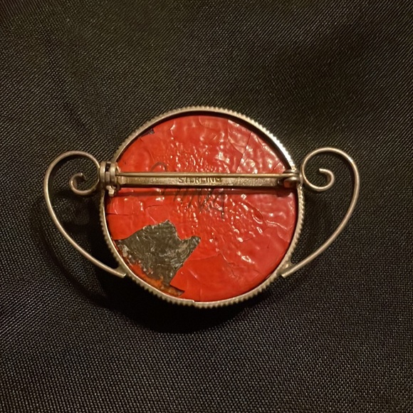 Sterling silver faceted Carved Cinnabar Brooch Pin - Picture 2 of 3